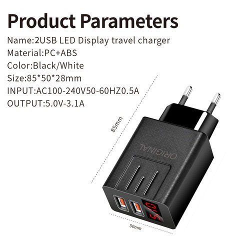 Carregadores de celular com display LED, Adaptador USB de parede com carregamento rápido, 2 portas de saída