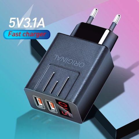 Carregadores de celular com display LED, Adaptador USB de parede com carregamento rápido, 2 portas de saída