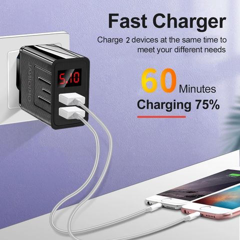 Carregadores de celular com display LED, Adaptador USB de parede com carregamento rápido, 2 portas de saída