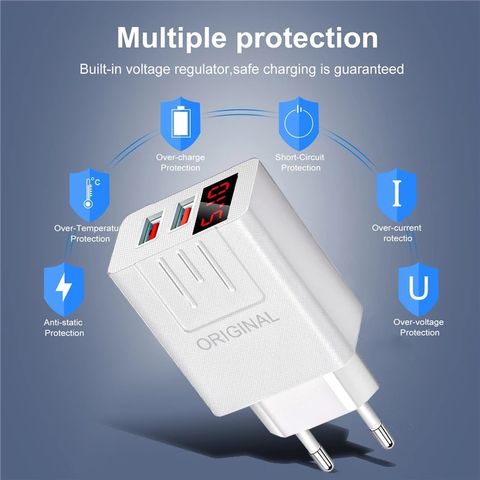 Carregadores de celular com display LED, Adaptador USB de parede com carregamento rápido, 2 portas de saída