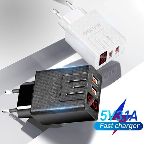 Carregadores de celular com display LED, Adaptador USB de parede com carregamento rápido, 2 portas de saída
