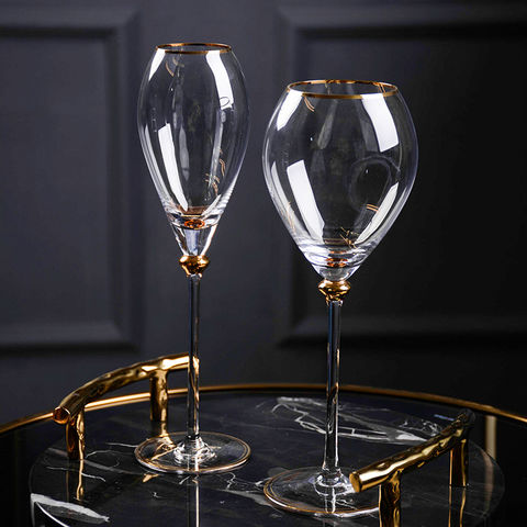 Gold Rimmed Wide Mouth Crystal Red Wine Glasses