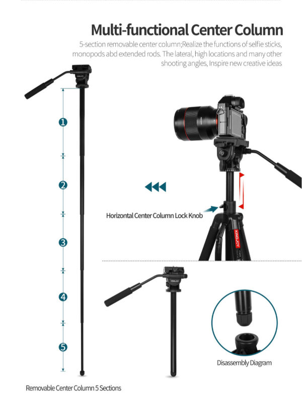 KINGJOY VT-890H6 trépied monopode de caméra 2-en-1, colonne centrale horizontale Support de caméra en aluminium supplier