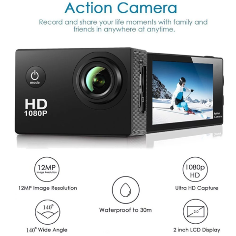 Caméra sport étanche 30m action Full HD 1080p 12MP Jaune