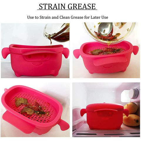 Silicone Pig Bacon Grease Holder Container with Mesh Strainer Dust-Proof  Lid USA