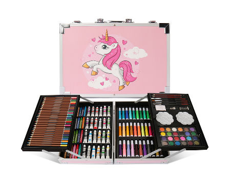 145 Piece Art Supplies Set for Kids, Portable Aluminum Case Art Kit (Pink)  