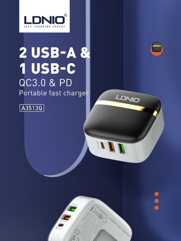 LDNIO A3513Q pd+qc3.0 PD dual USB mobile phone charger 32W US/EU/UK plug Fast Charger supplier