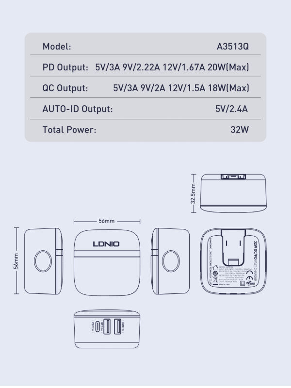 LDNIO A3513Q pd+qc3.0 PD dual USB mobile phone charger 32W US/EU/UK plug Fast Charger supplier