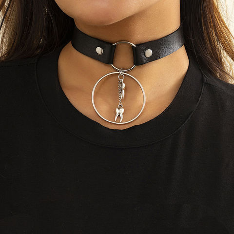 Sexy Handmade Leather Neck Collar Choker with O-ring and Chain