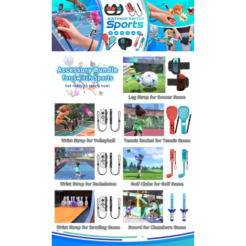 Ensemble d'accessoires de sport Nintendo Switch 10 en 1 clubs de golf /  raquettes de tennis / sangles de jambe / accessoires de jeu Nintendo switch  console de jeux portable Ensemble d'accessoires