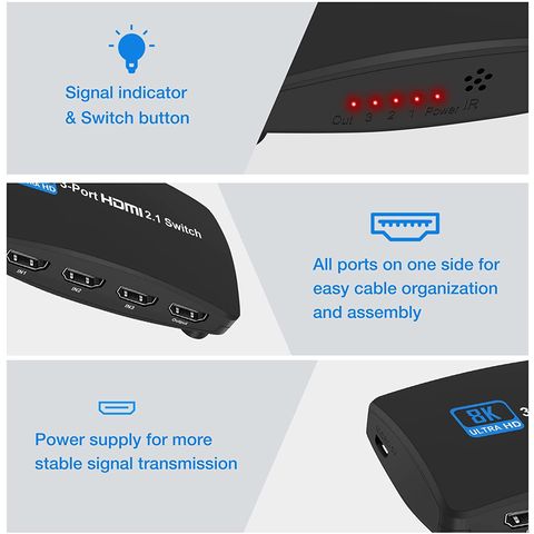 Buy Wholesale China 8k Hdmi 2.1 Switch 2x1 3x1 Hdr 8k@60hz 4k@120hz  2k@144hz Hdmi 2.1 Switcher 3 Port In 1 Out Hdcp2.3 & Hdmi 2.1 Switch at USD  18