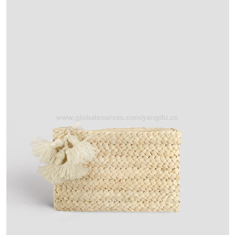 Pochette brodée en paille tissée écologique - Sac à main artisanal