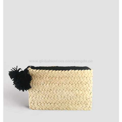 Pochette brodée en paille tissée écologique - Sac à main artisanal