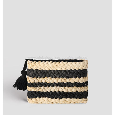 Pochette brodée en paille tissée écologique - Sac à main artisanal