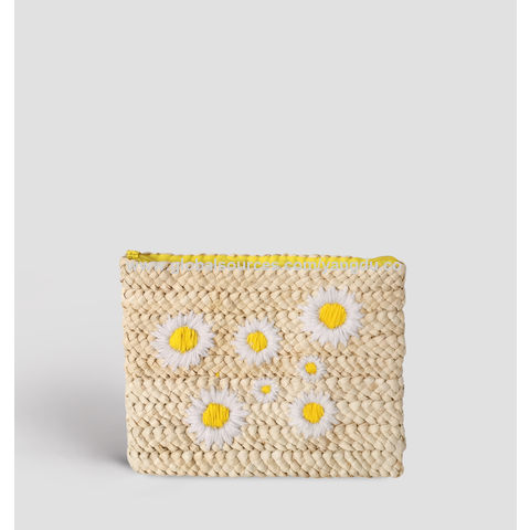 Pochette brodée en paille tissée écologique - Sac à main artisanal