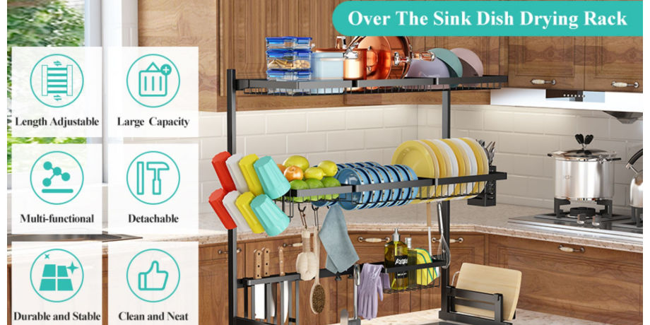 SNTD Over The Sink Dish Drying Rack, Width Adjustable 26.8" to  34.6" 2 Tier Dish