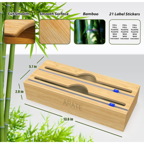 2-in-1 Bamboo Wrap Dispenser with Cutter and Labels