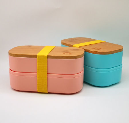 Set Of 2 Bumble Bee Themed Bamboo Snack Boxes/Picnic Lidded Pots Bnwt 