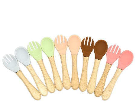 Wooden Silicone Infant Baby Spoon Fork Safety Feeding Tableware Healthy Nice 