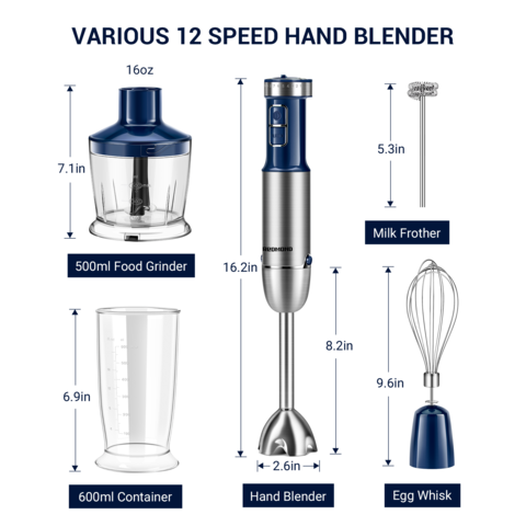 Hand Blender - 300W Immersion Electric Stick Blender Set with 500ML Food  Proc