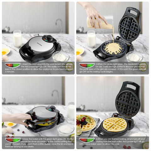 Waffle Maker 4 in 1, Mini Waffle Maker with Removable Plate, Waffle Iron  Waffle Machine, Non-stick Coating 750W Double-Sided Heating, LED Indicator
