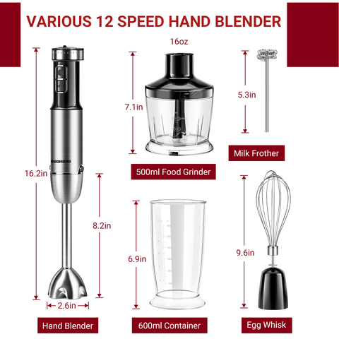 Hand Blender Stick Blender Milk Frother Egg Whisk with 500ml Food Grinder/  600ml Container