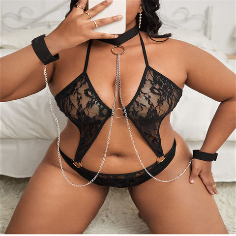 Plus Size Sexy Womens Sheer Lace Bra See Through Lingerie Teddy Bodysuit+Garters