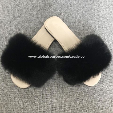 Fox Fur Faux Fur Slide Sandals Brown Black Fox Fur Slides