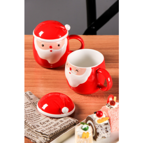 400 ml Cute Santa Coffee Mug Set w Lid and Spoon Ceramic Cup Xmas Party  Gift Set