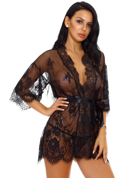 Sexy Pajamas Women's Lace Kimono Robe Babydoll Lingerie Mesh Lace Nightgown  - China Women's Lingerie and Sexy Lingerie price