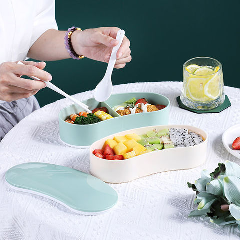 Square Lunch Box Grid 2 Layers Fresh Bowl Microwave Insulation Tableware  Student Boxes With Lid Spoon Chopstick bento Container