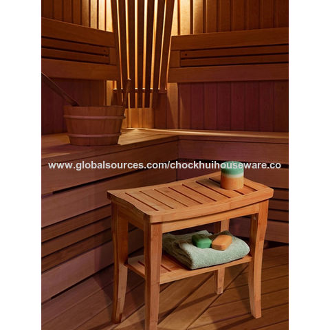 Banco de ducha de bambú con estante, taburete de ducha de madera  impermeable para ducha interior, spa sauna (nogal)