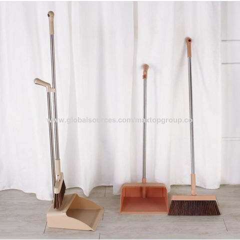 Beech Wood Broom & Standing Metal Dust Pan, Natural & Black