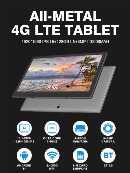 Tablette Tactile 14.1 Pouces 4G Grand Écran Full HD Android ROM