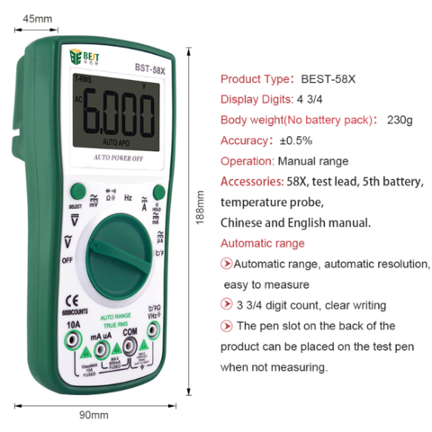 Manual Range Digital Multimeter for AC DC Voltage
