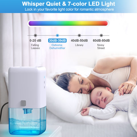 Deshumidificador purificador de aire 2 en 1, electrodoméstico portátil,  secador de aire silencioso con luz LED ajustable colorida, modo de sueño,  1000ML