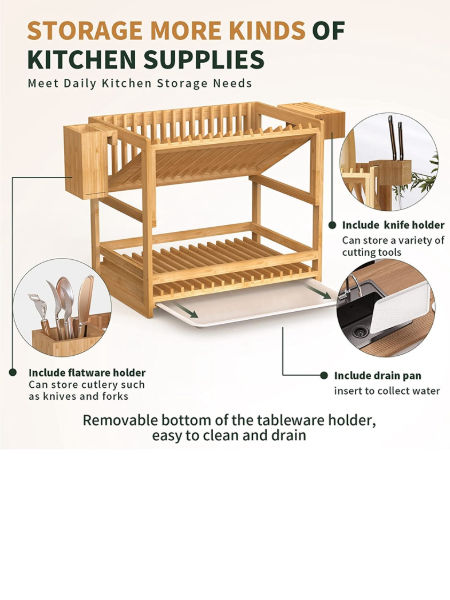 Bamboo Dish Drying Rack with Removable Flatware and Kitchen Knife