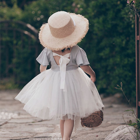 Girls Frayed Edge Straw Hat with Long Ribbon and Bow Black / One Size