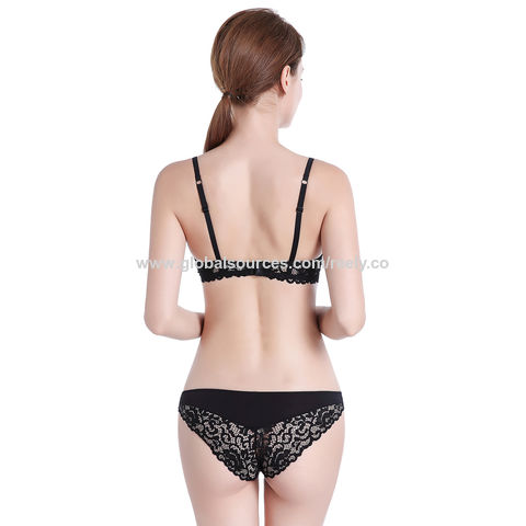 Cheap Sexy Women Breathable Flower Bra Panties Set Spaghetti Solid Color  Underwear