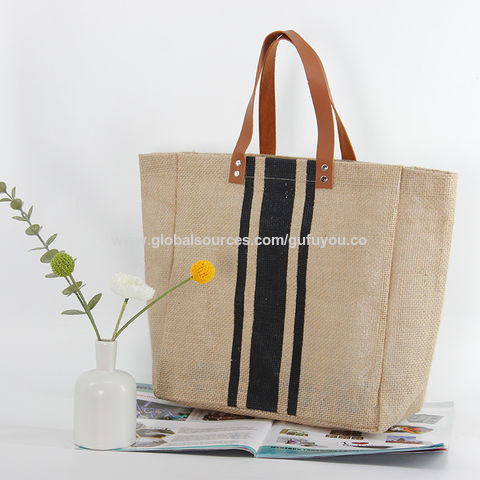 Bolsa de compras de yute de arpillera natural de moda con mango de cuero pu impresión personalizada es aceptable