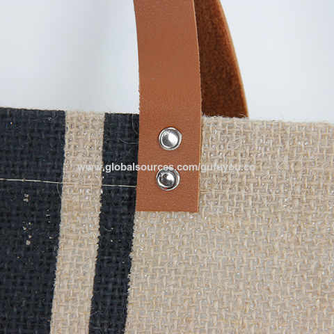 Bolsa de compras de yute de arpillera natural de moda con mango de cuero pu impresión personalizada es aceptable