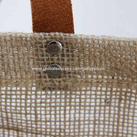 Bolsa de compras de yute de arpillera natural de moda con mango de cuero pu impresión personalizada es aceptable