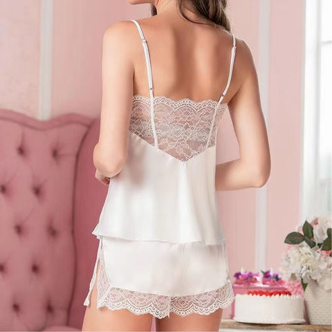 Women Sexy Satin Lace Silky Cami and Short Pajamas Lingerie Set