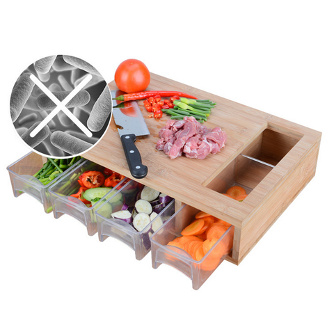 Expandable bamboo cutting board set with Trays and LIDS for