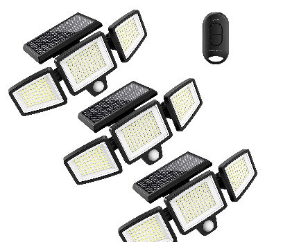 Tuffenough Luces solares para exteriores de 2500 lm, 210 luces LED de  seguridad con control remoto, 3 cabezales de luces con sensor de  movimiento