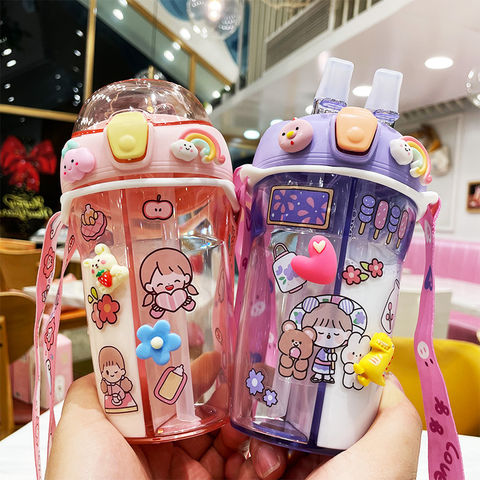 Cute Water Bottle Portable Kawaii Water Bottle Straw Strap Anime Drink  Tumbler