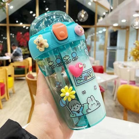 Creative Cartoon Water Bottle with Straw Cute Plastic Drinking