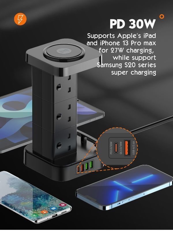 LDNIO SKW6457 UK Power Strip 6 Outlet USB Tower Extension Power Socket 15W Wireless charger Socket supplier