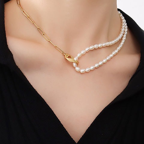 Woman 18K Gold Plated Freshwater Pearl Moon Star Charm Necklace Chain Choker