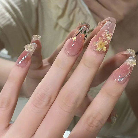 Tulip Flowers Spring False Nail Short Square Press on Nails for